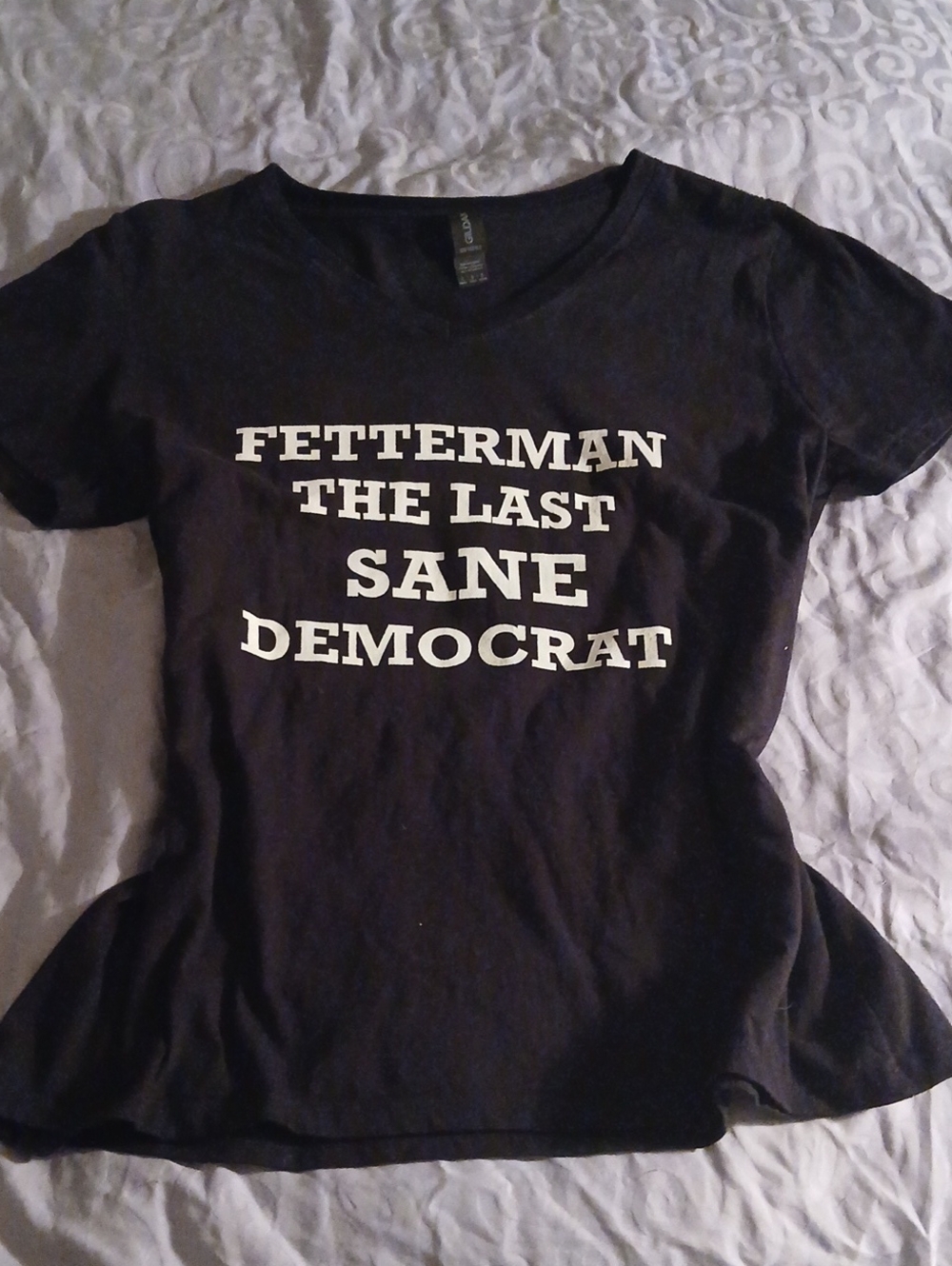 Gildan Black V-Neck Tee with White Political Text